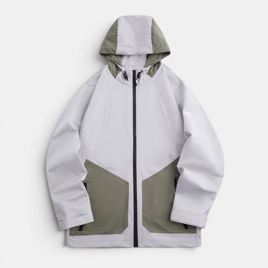 Allzom men's light grey and olive green hooded hiking jacket with zip closure and multiple pockets.