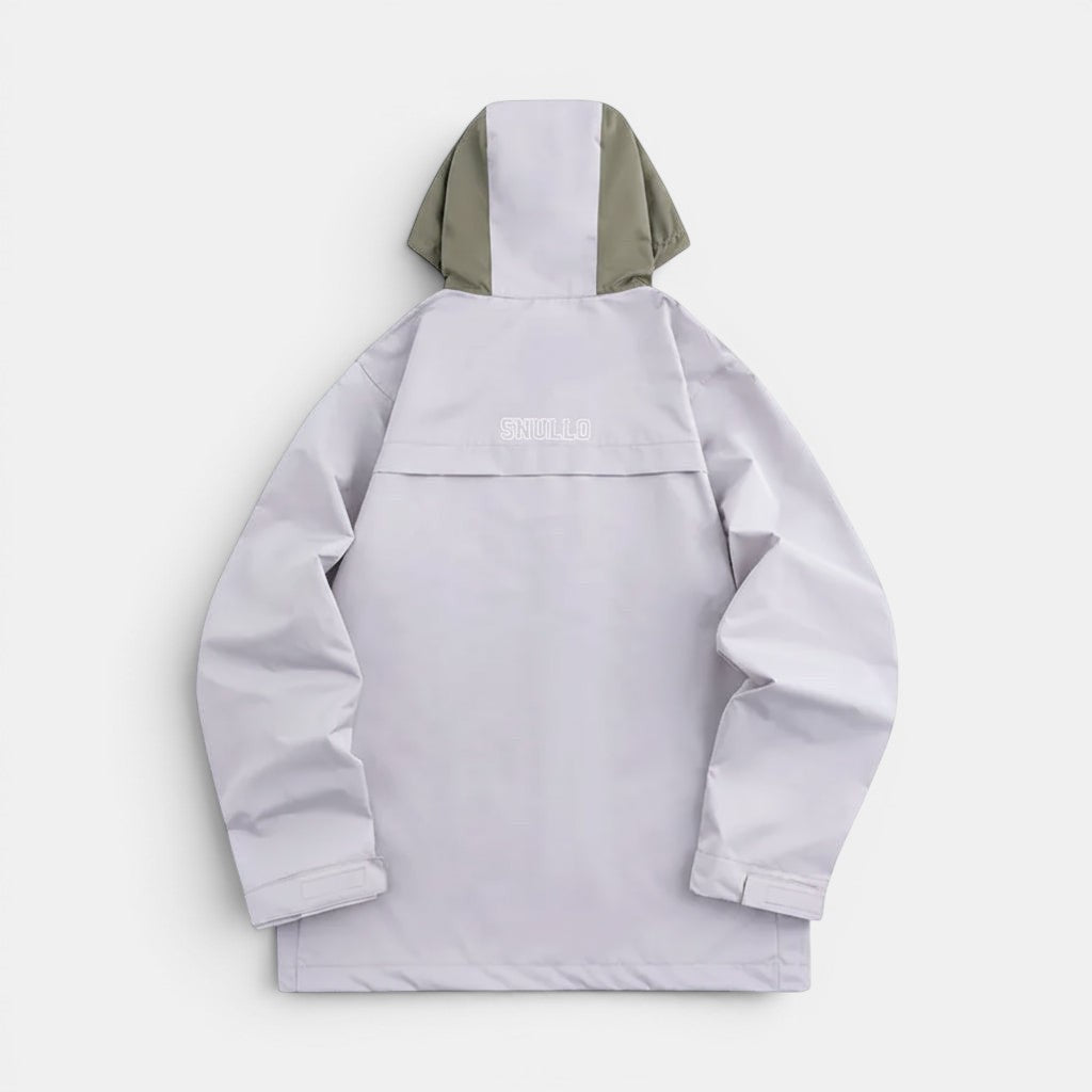Allzom Men's light grey hooded hiking jacket with olive green hood detail and "SNULLO" logo on back.