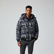 Allzom men's short hooded puffer coat with bandana print in black and white. Cotton-padded.