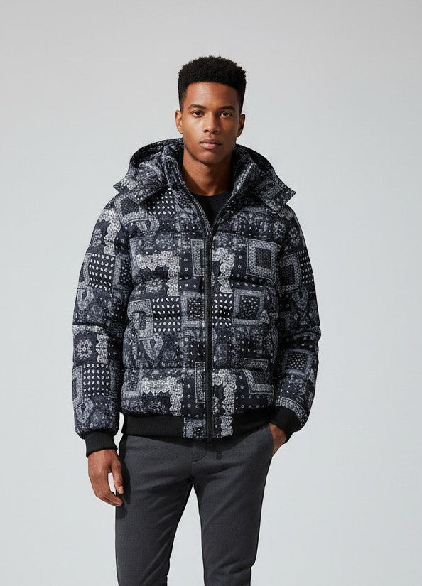Allzom men's short hooded puffer coat with bandana print in black and white. Cotton-padded.