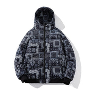 Allzom men's short hooded cotton coat with a black and white bandana print, featuring a zip closure and ribbed cuffs.