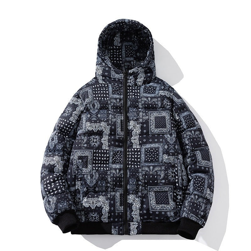 Allzom men's short hooded cotton coat with a black and white bandana print, featuring a zip closure and ribbed cuffs.
