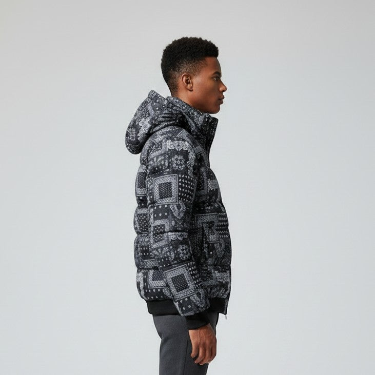 Allzom men's short hooded cotton coat with black and grey bandana print, winter puffer style.