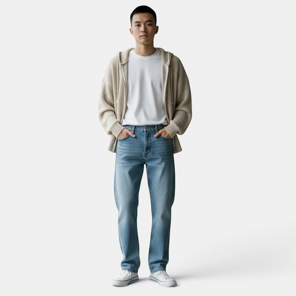 Allzom Men's beige knit hooded sweater coat over a white t-shirt and blue jeans.