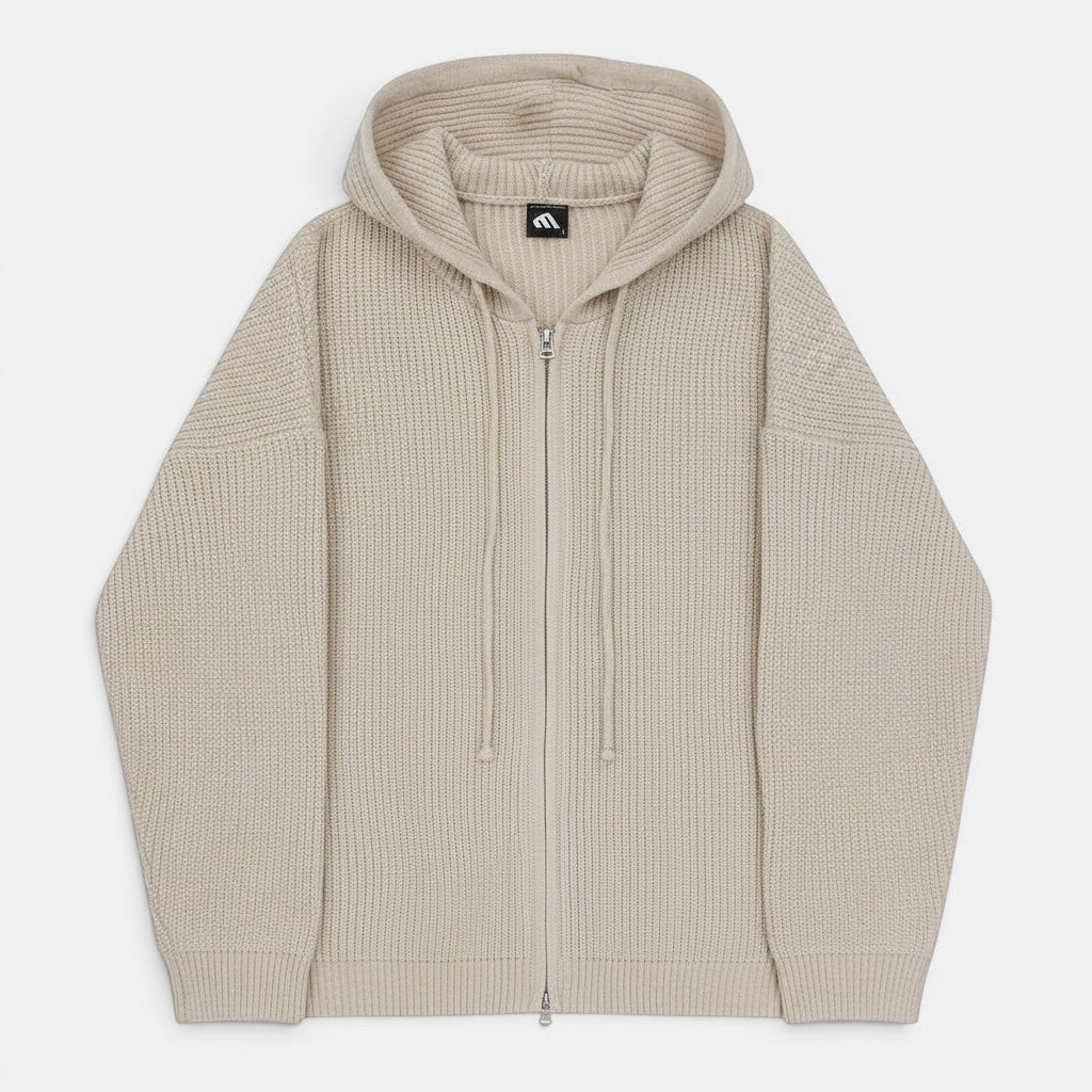 Allzom men's loose beige knitted hooded sweater coat with zip closure and drawstring hood.