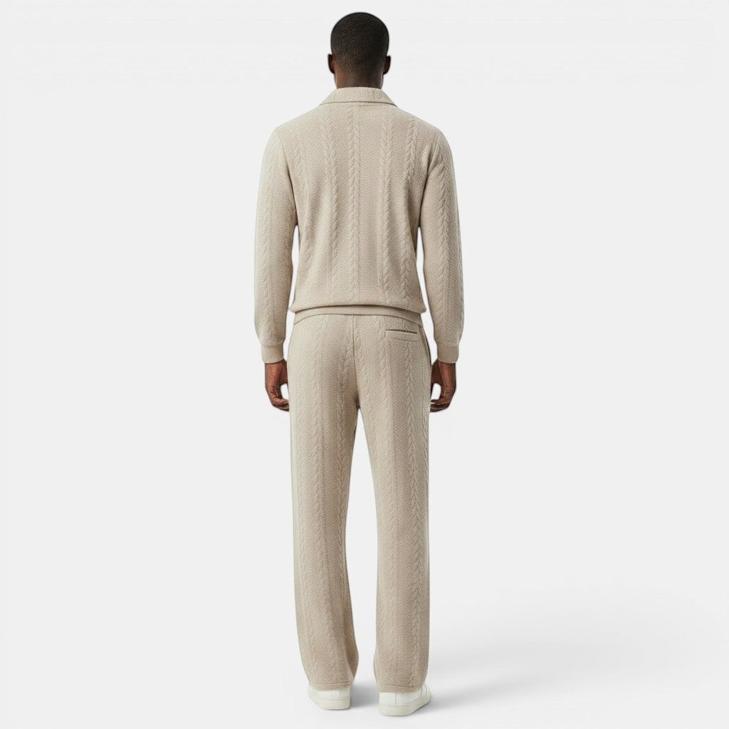 Allzom Men's beige jacquard knit hoodie and cardigan set with textured pattern and relaxed fit.