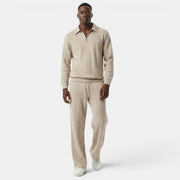 Allzom Men's beige jacquard knit hoodie and wide-leg pants set with zip collar. Textured pattern.