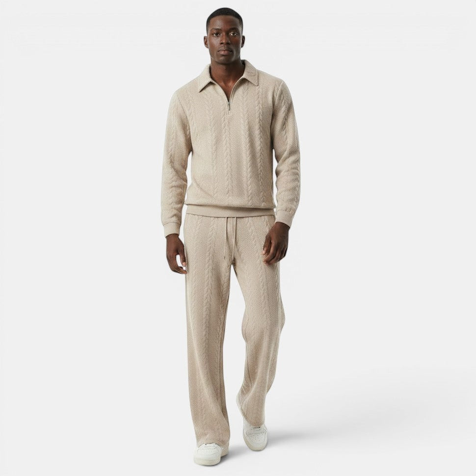 Allzom Men's beige jacquard knit hoodie and wide-leg pants set with zip collar. Textured pattern.