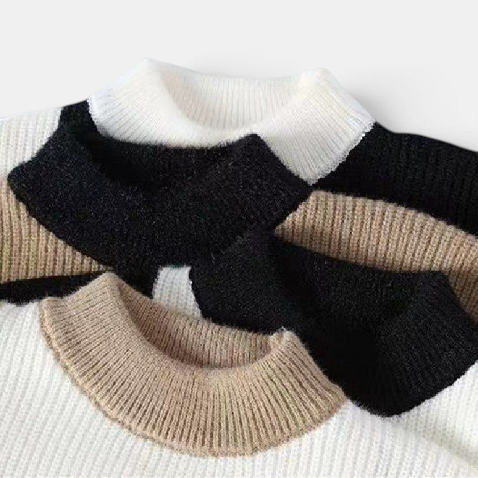Allzom men's thickened knit base layer shirt with half turtleneck in black, white and beige colour block design.