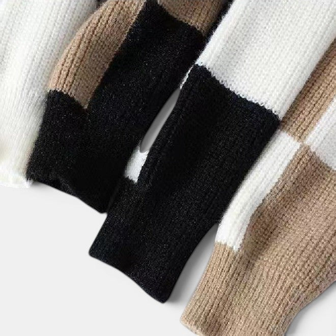 Allzom Men's thickened knit base layer shirt with half turtleneck in black, white and tan colour block design.