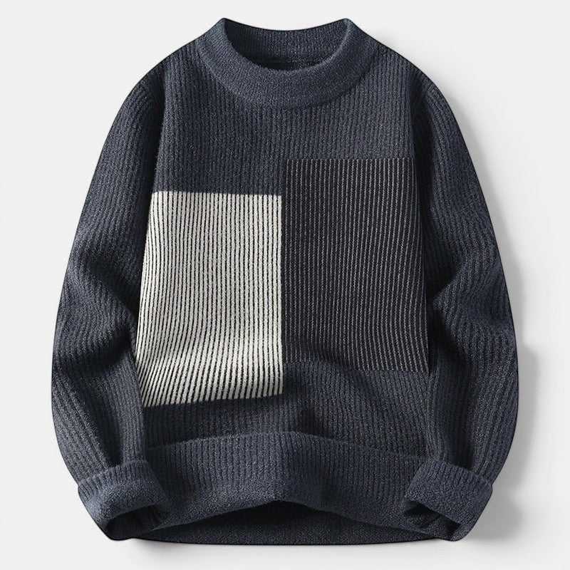 Allzom men's dark grey knit sweater with a mock neck and contrasting vertical stripe panels in cream and black.