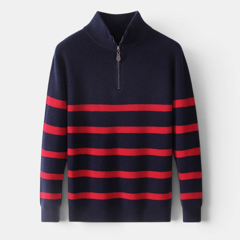 Allzom Men's Korean-style navy blue and red striped knit sweater with quarter zip.