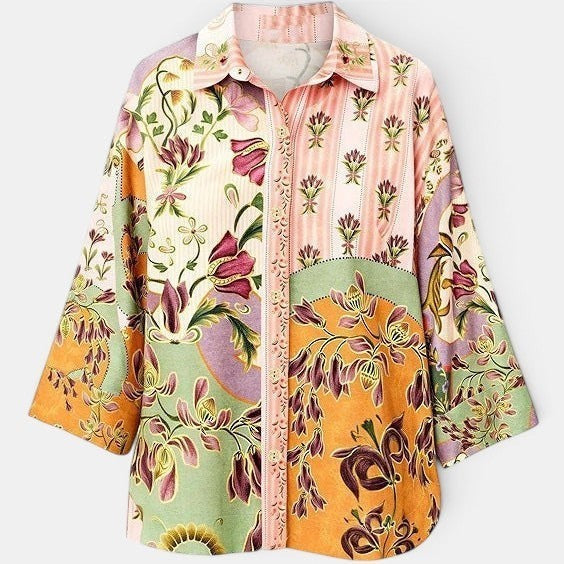 Allzom men's casual long-sleeve linen shirt with a colourful floral print in pink, green, orange and purple.