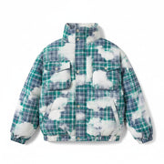 Allzom Men's loose-fit cotton coat with retro plaid pattern in blue and green, featuring white cloud-like accents and two chest pockets.