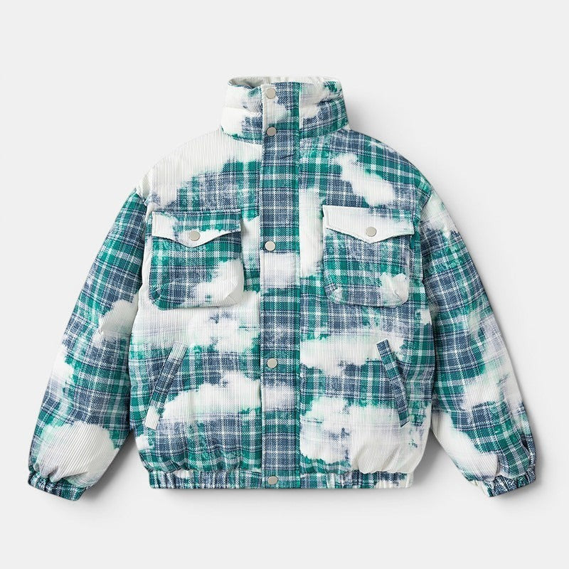 Allzom Men's loose-fit cotton coat with retro green and blue plaid pattern and white cloud-like accents. Features a stand-up collar and four front pockets.
