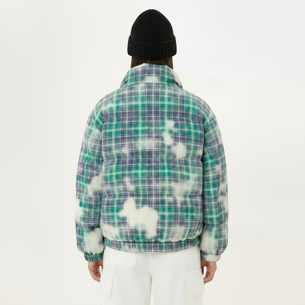 Allzom Men's loose-fit cotton coat with retro green and blue plaid pattern and white tie-dye effect.