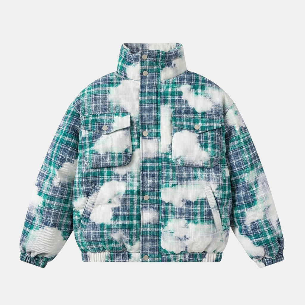 Allzom Men's loose-fit cotton coat with retro plaid pattern in blue and green, featuring a stand-up collar and four front pockets.