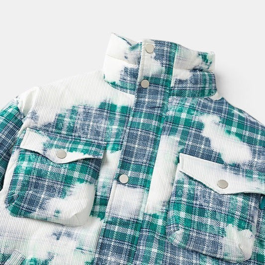Allzom Men's loose-fit cotton coat with retro green and blue plaid pattern and white tie-dye accents. Features two chest pockets.