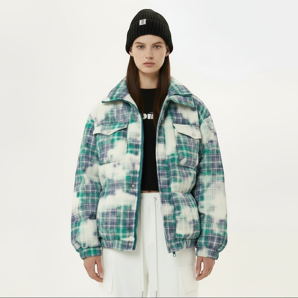Allzom Men's loose-fit cotton coat with retro green and blue plaid pattern and white tie-dye effect. Features chest pockets and a relaxed silhouette.
