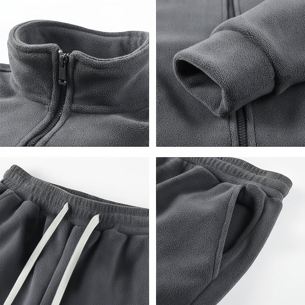 Allzom Men's grey polar fleece lapel coat and trousers set, thickened polyester for warmth, loose fit, casual wear.
