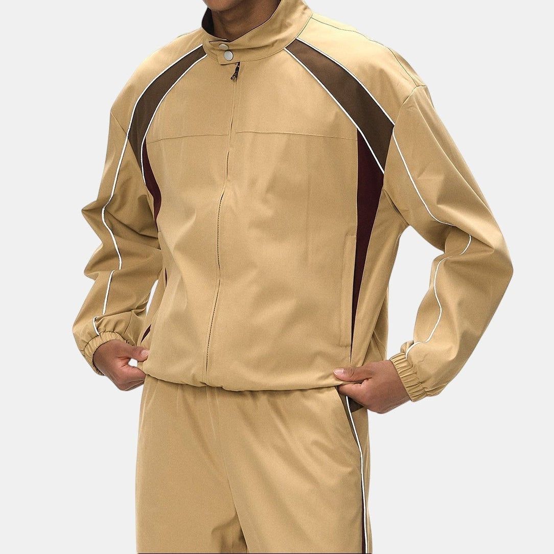 Allzom Men's tan racing jacket and wide-leg pants with brown and maroon panel accents and white piping.