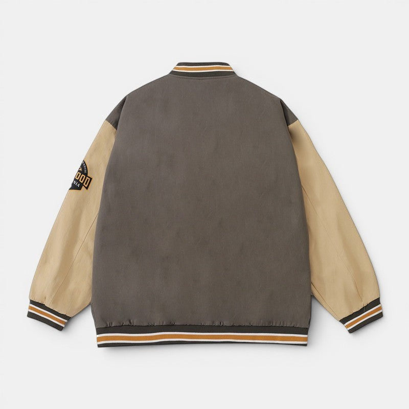Allzom Men's American Retro Baseball Jacket in grey and tan with striped cuffs and collar.