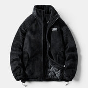 Allzom Men's American Retro thick black corduroy jacket with a high collar and zip closure.
