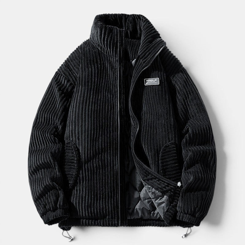 Allzom Men's American Retro thick black corduroy jacket with a high collar and zip closure.