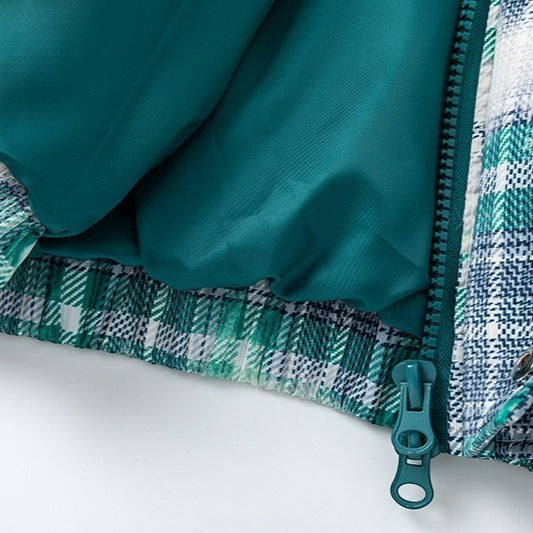 Allzom Men's loose-fit cotton coat with retro green and white plaid pattern and teal lining.