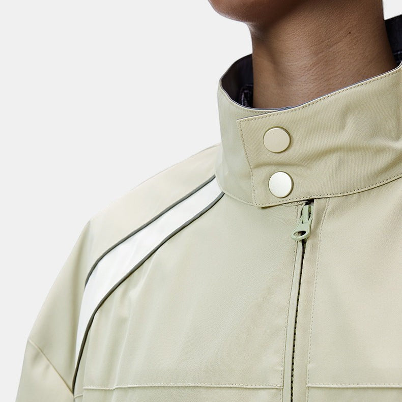 Allzom Men's beige retro racing jacket with white stripe detail and wide-leg pants. Zip front, snap collar.