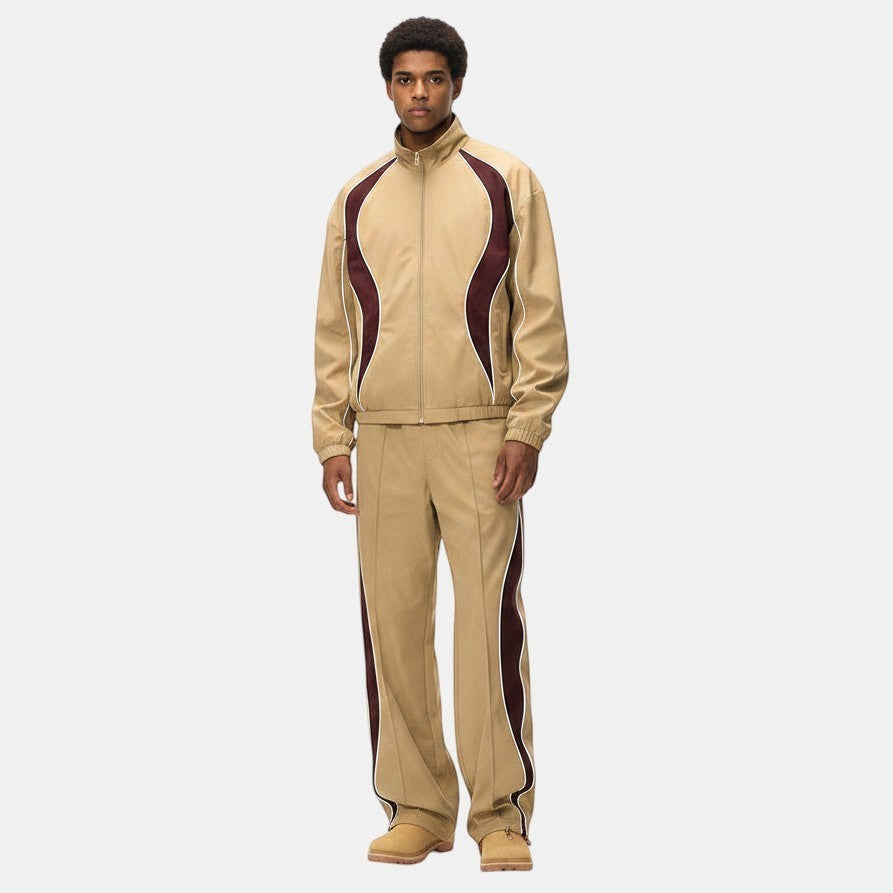 Allzom Men's retro racing jacket and wide-leg pants in beige with burgundy and white accents. Model is wearing a full tracksuit.