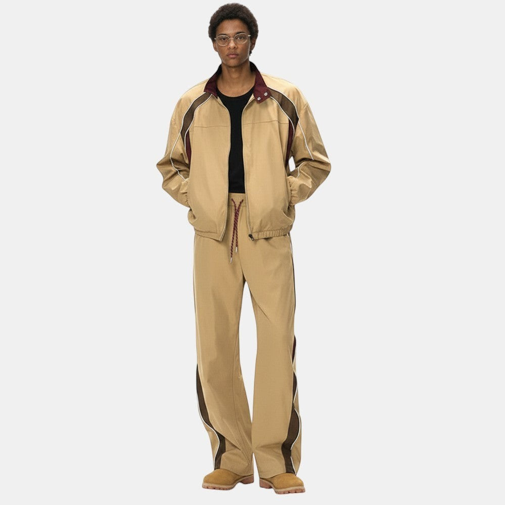 Allzom Men's beige retro racing jacket and wide-leg pants with burgundy collar and brown accents.