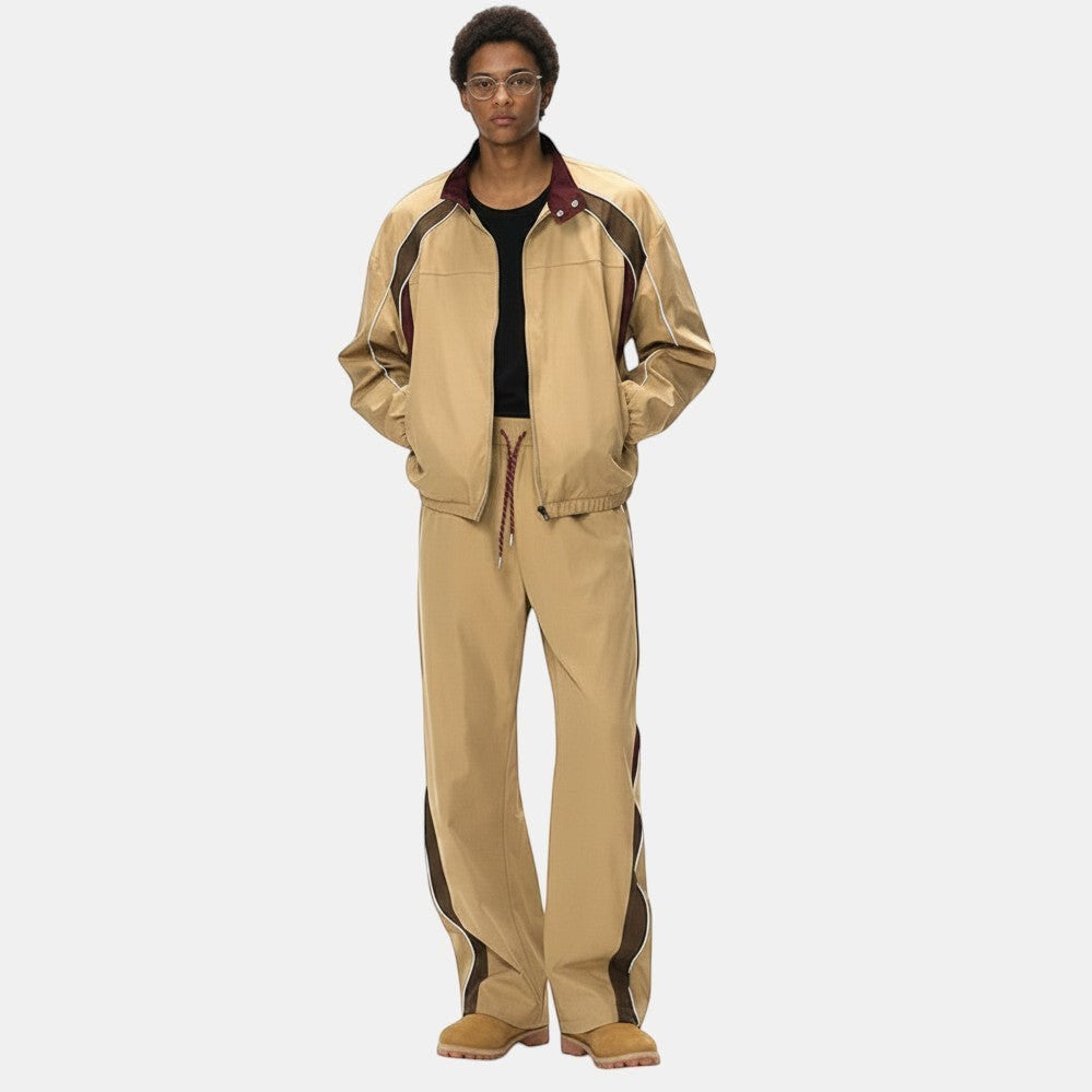 Allzom Men's beige retro racing jacket and wide-leg pants with burgundy collar and side stripe details.