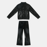 Allzom Men's Retro Washed Loose Casual Denim Suit in black with unique distressed detailing. Jacket and trousers.