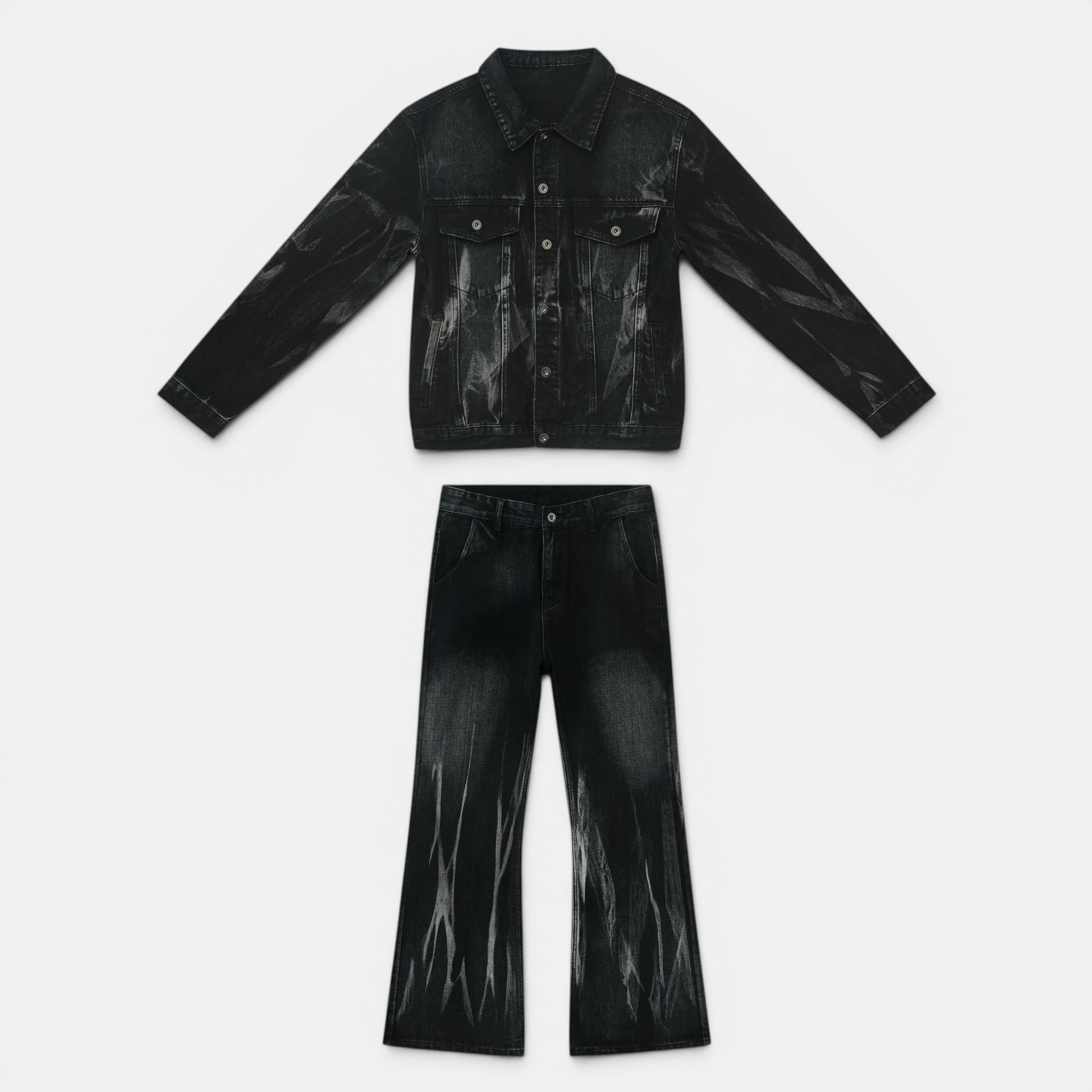 Allzom Men's Retro Washed Loose Casual Denim Suit in black with unique distressed detailing. Jacket and trousers.