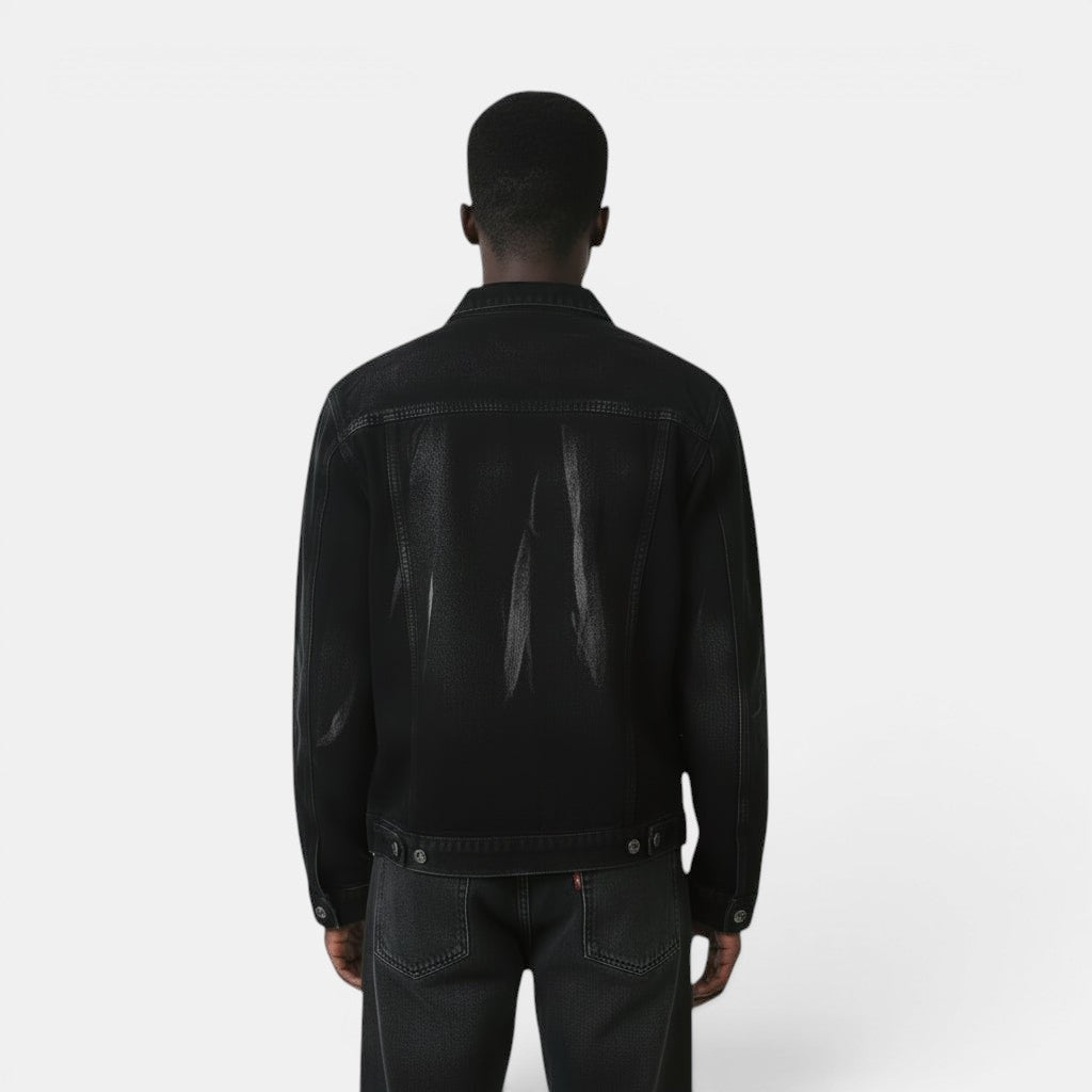 Allzom Men's Retro Washed Loose Casual Denim Suit in black. Features a vintage washed finish and relaxed fit.