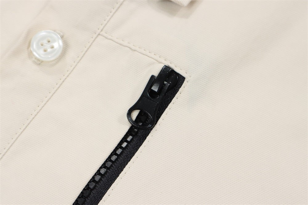 Allzom men's beige long-sleeve shirt jacket with zipper pocket and button detail.