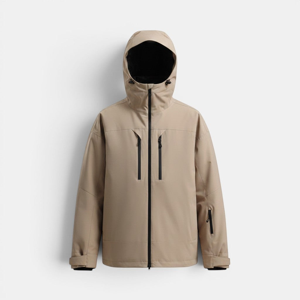Allzom men's beige waterproof breathable ski jacket with loose fit and zip closure.