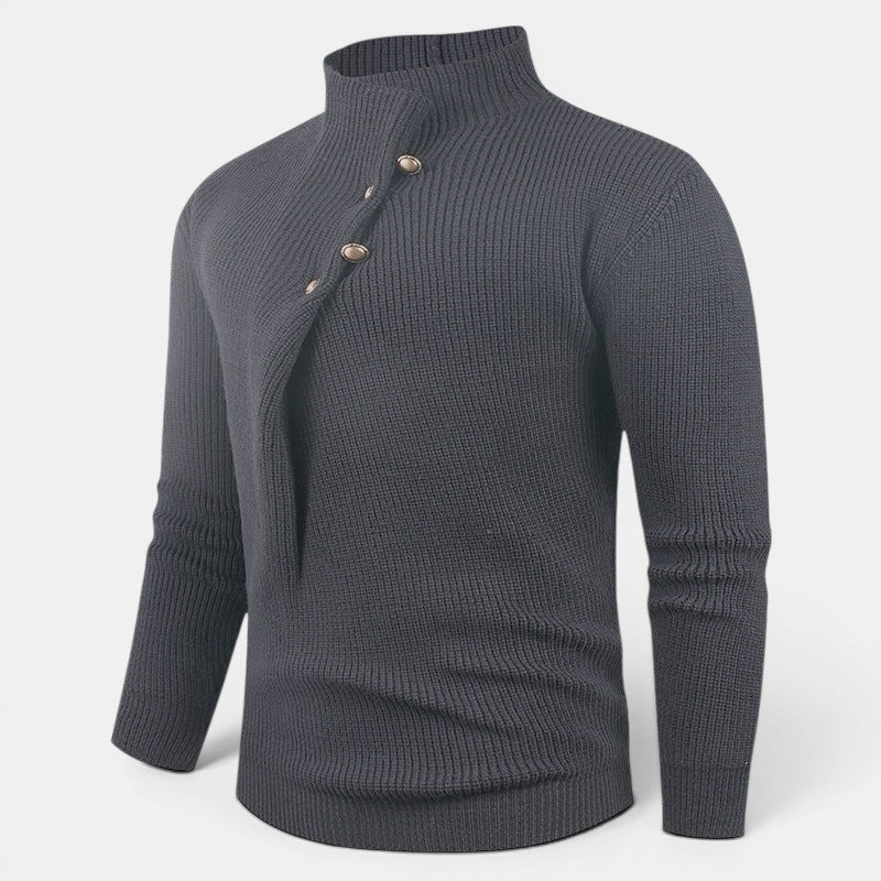 Allzom men's dark grey ribbed knit pullover sweater with stand collar and slanted button closure.