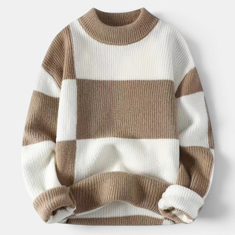 Allzom men's thickened warm half turtleneck knit base layer shirt in brown and white stripes.