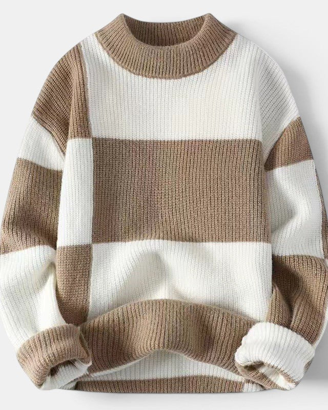 Allzom men's thickened warm half turtleneck knit base layer shirt in brown and white stripes.
