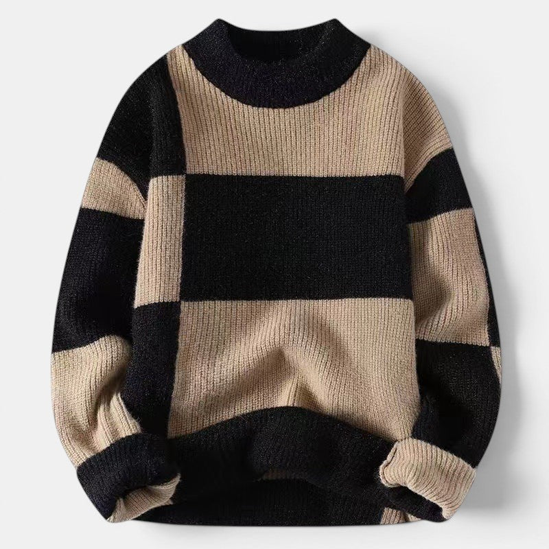 Allzom men's beige and black striped knit half turtleneck sweater. Thickened wool-blend fabric.