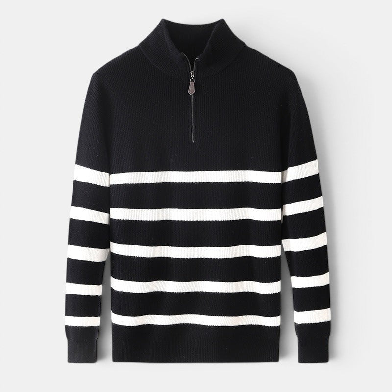 Allzom men's black and white striped knit sweater with quarter zip and mock neck.