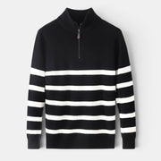 Allzom men's black and white striped knit sweater with quarter zip and mock neck.
