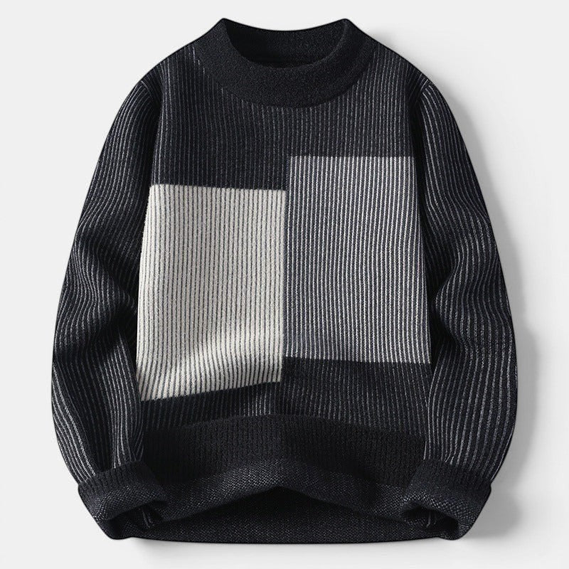 Allzom men's black and white striped knit sweater with a relaxed fit and mock neck. Perfect for fall and winter.