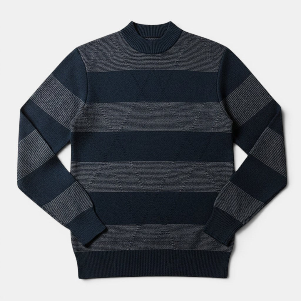 Allzom men's navy and grey striped knit sweater with high round neck and textured pattern