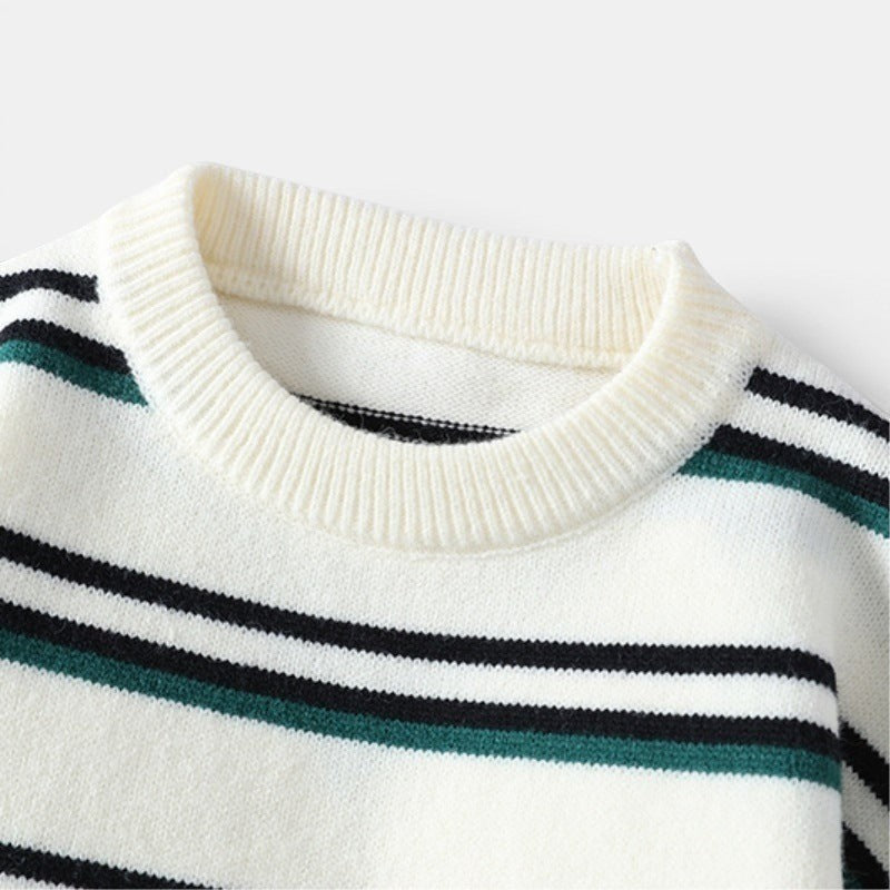 Allzom Men's cream knitwear coat with black and green horizontal stripes. Relaxed fit, crew neck, ribbed collar and cuffs.