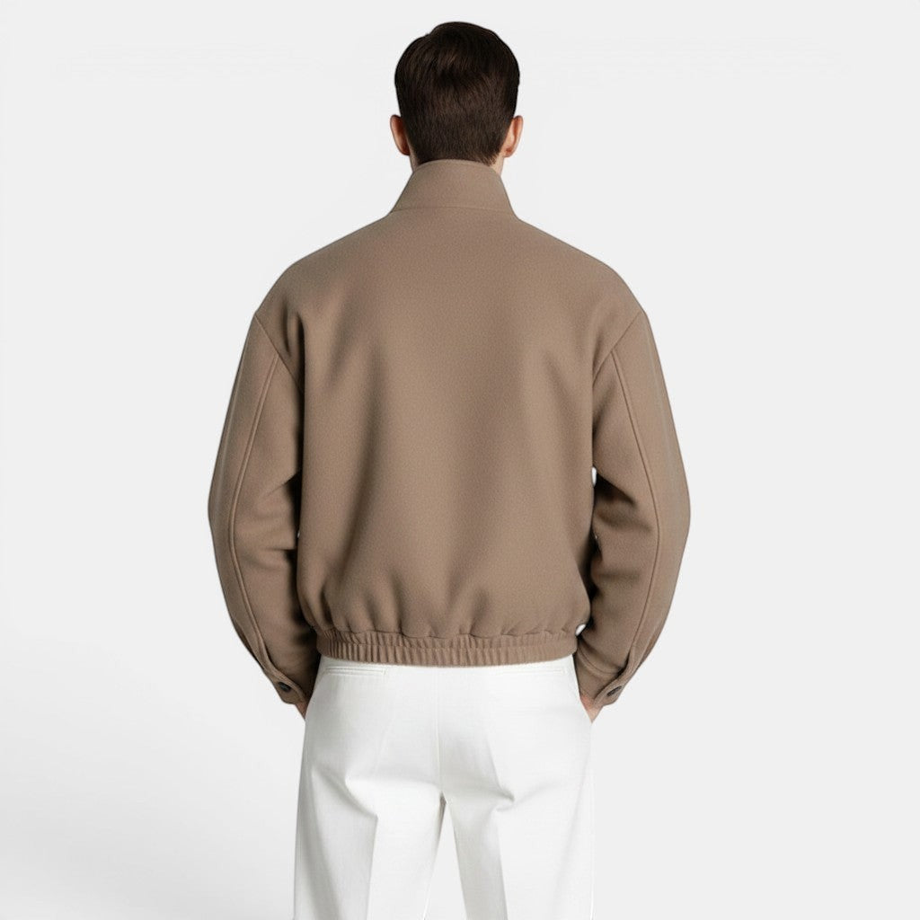 Allzom Men's taupe wool blend bomber jacket with a structured silhouette and elasticated hem. British style.