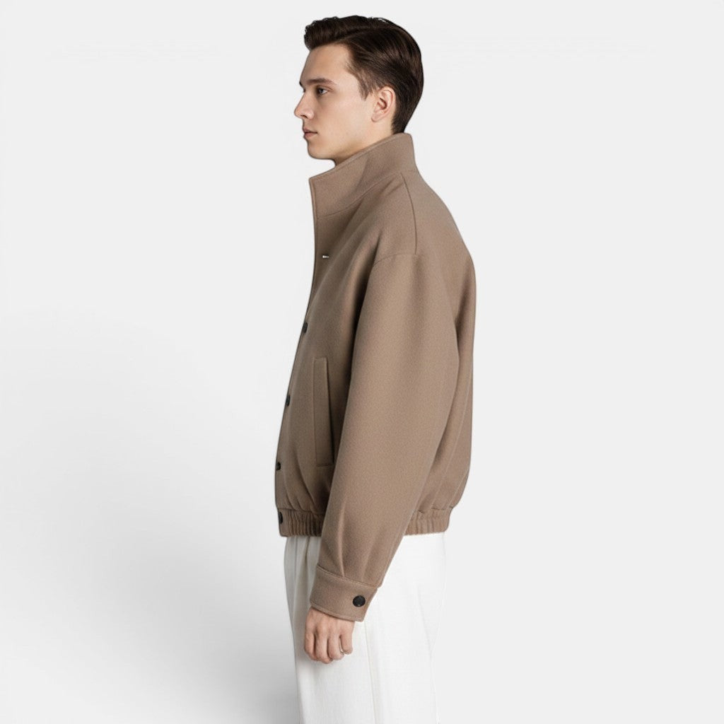 Allzom Men's taupe wool blend bomber jacket with a high collar and button closure. Modern British style.
