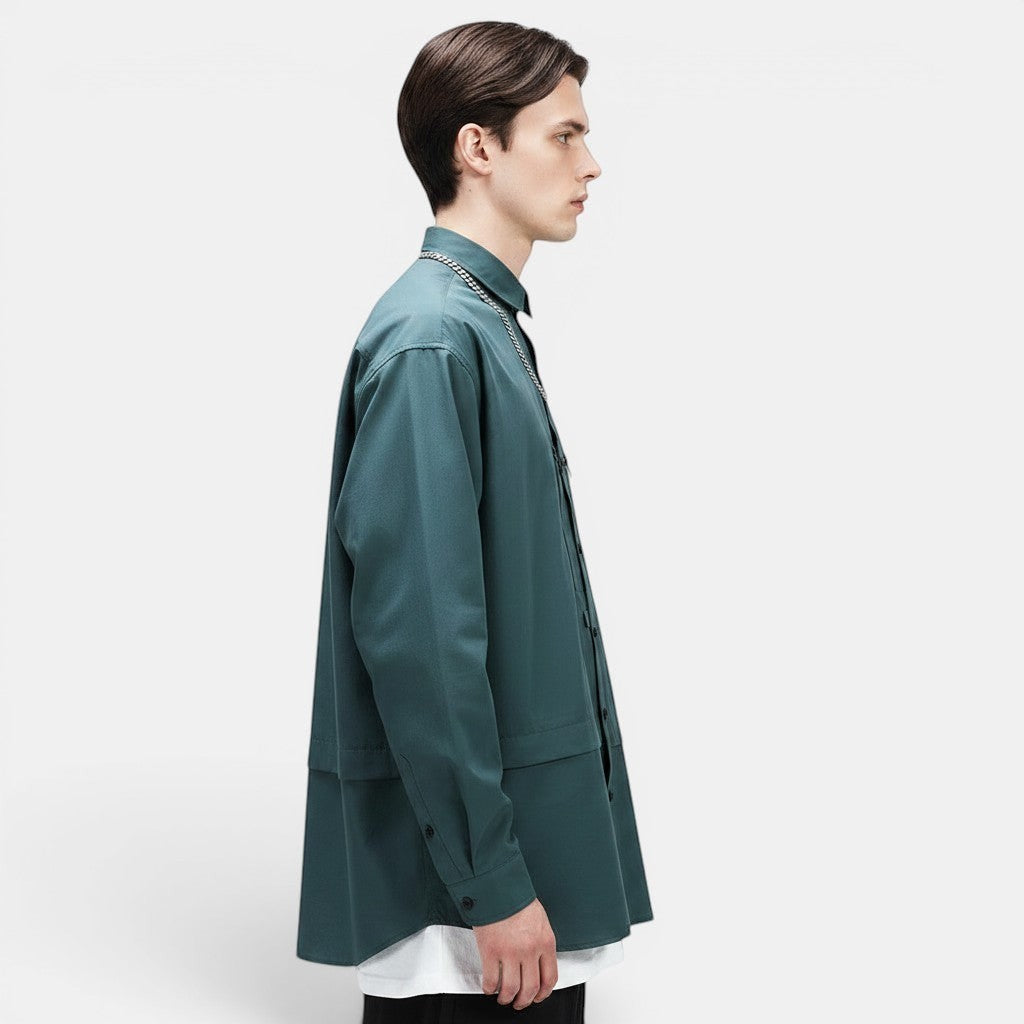 Allzom men's teal long-sleeve shirt jacket with zipper pockets and a silver chain detail.